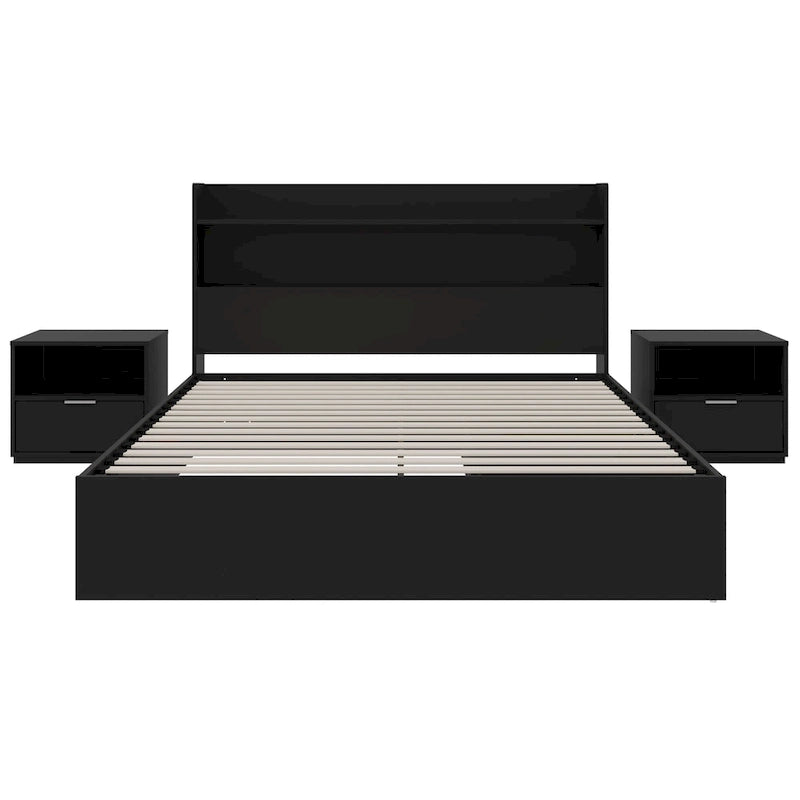 Lit plateforme en bois noir avec tête de lit bibliothèque et tiroirs de rangement