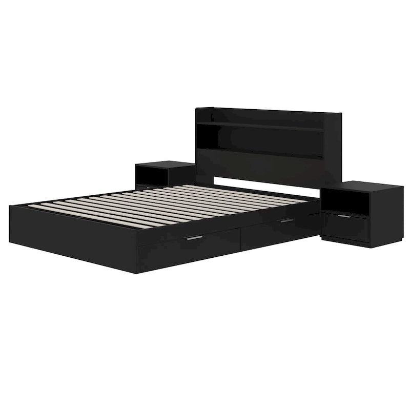 Lit plateforme en bois noir avec tête de lit bibliothèque et tiroirs de rangement