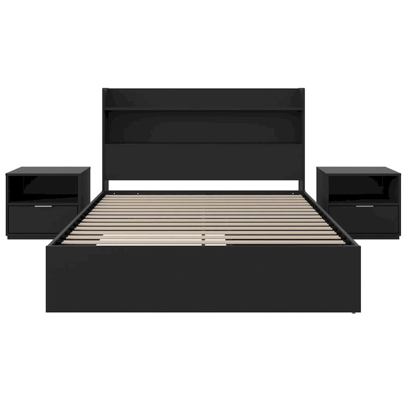 Lit plateforme en bois noir avec tête de lit bibliothèque et tiroirs de rangement