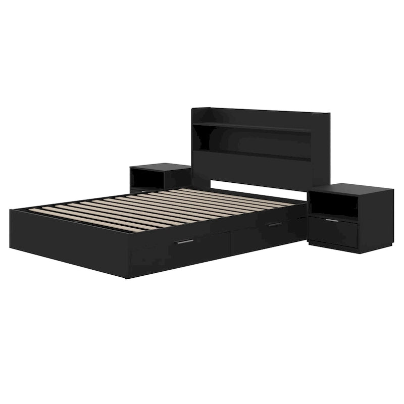 Lit plateforme en bois noir avec tête de lit bibliothèque et tiroirs de rangement