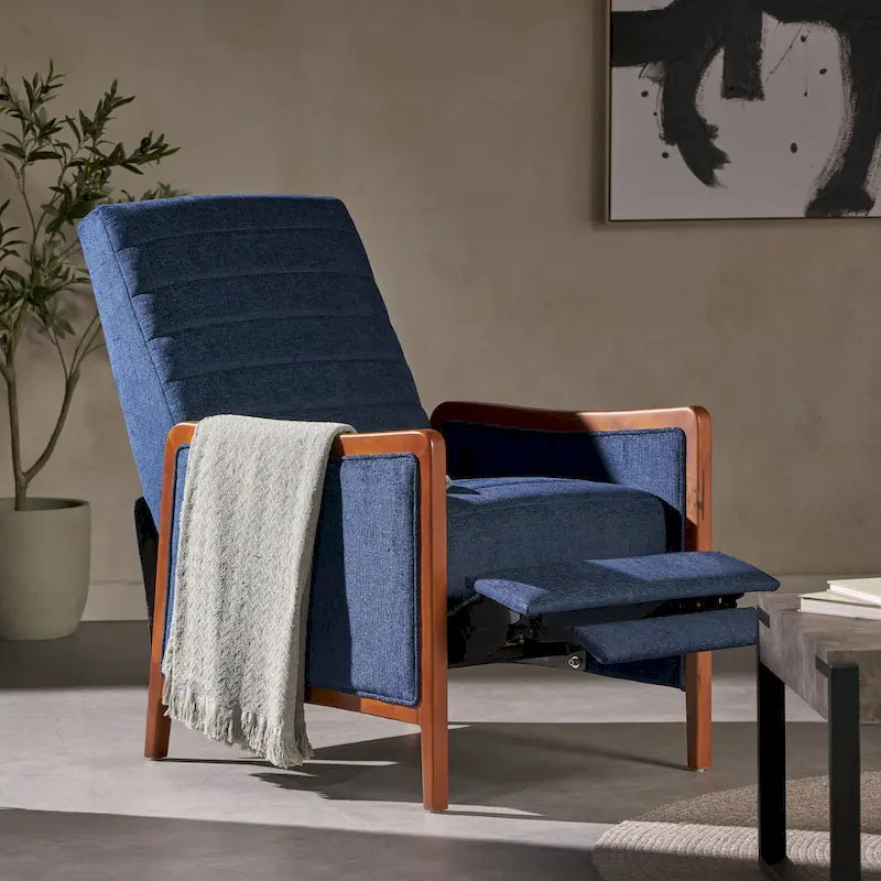 Fauteuil inclinable à dossier basculant en tissu à piqûres capitonnées avec cadre en bois massif, couleur sable bleu
