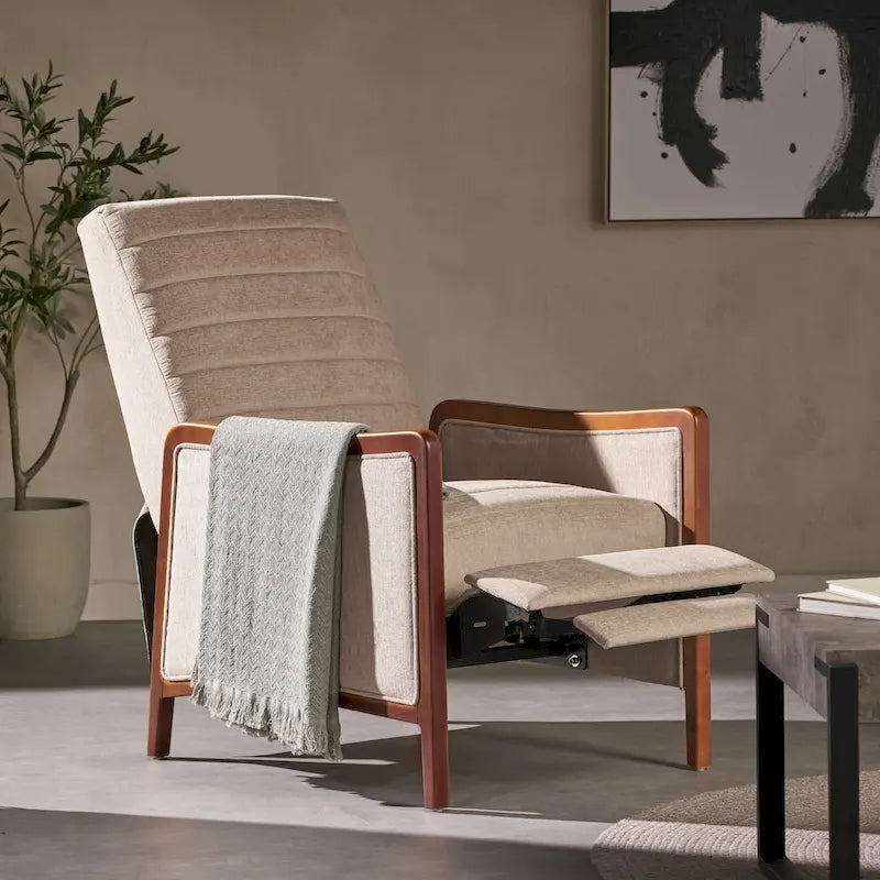 Fauteuil inclinable à dossier basculant en tissu à piqûres capitonnées avec cadre en bois massif, couleur sable bleu