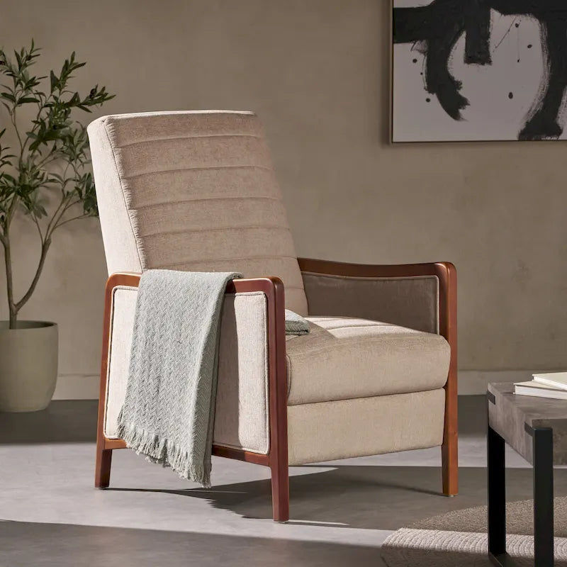 Fauteuil inclinable à dossier basculant en tissu à piqûres capitonnées avec cadre en bois massif, couleur sable bleu