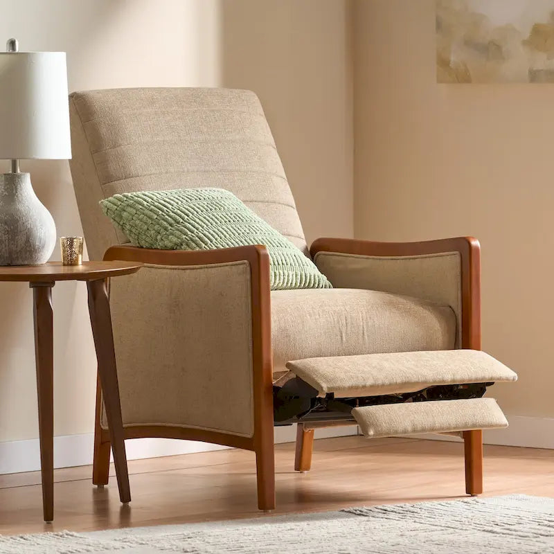 Fauteuil inclinable à dossier basculant en tissu à piqûres capitonnées avec cadre en bois massif, couleur sable bleu