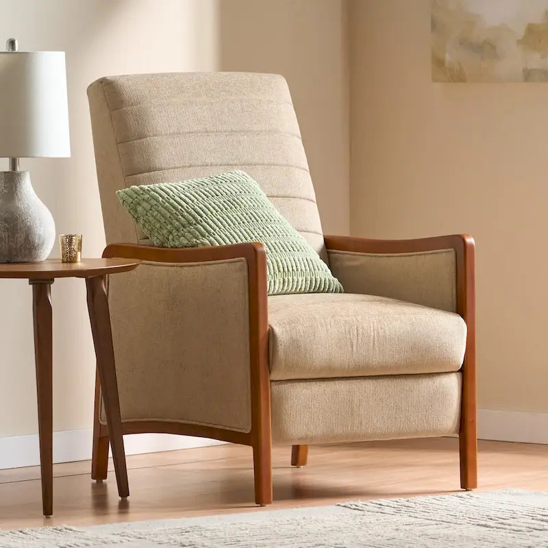 Fauteuil inclinable à dossier basculant en tissu à piqûres capitonnées avec cadre en bois massif, couleur sable bleu