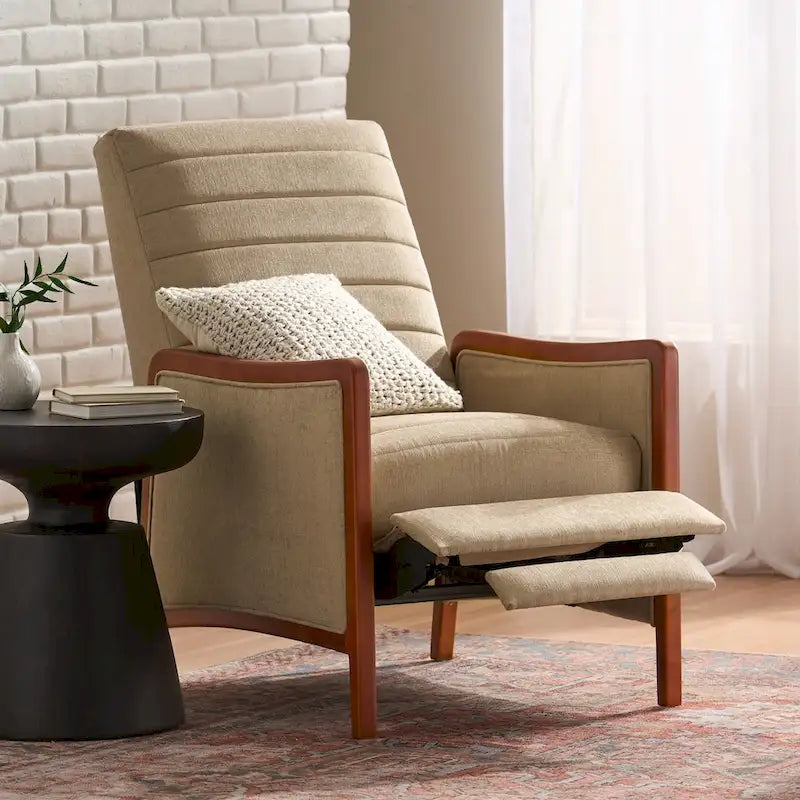 Fauteuil inclinable à dossier basculant en tissu à piqûres capitonnées avec cadre en bois massif, couleur sable bleu