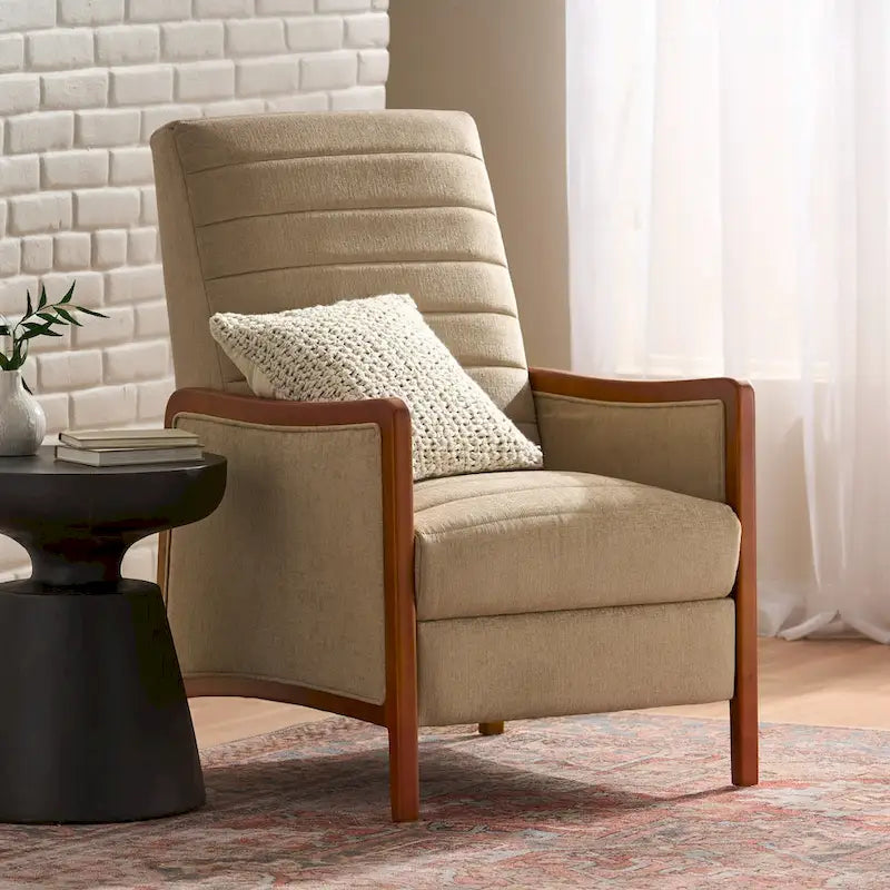 Fauteuil inclinable à dossier basculant en tissu à piqûres capitonnées avec cadre en bois massif, couleur sable bleu