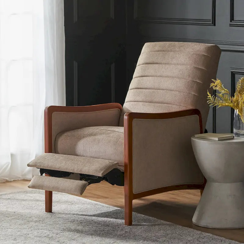 Fauteuil inclinable à dossier basculant en tissu à piqûres capitonnées avec cadre en bois massif, couleur sable bleu