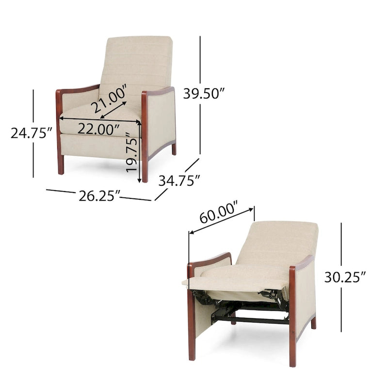Fauteuil inclinable à dossier basculant en tissu à piqûres capitonnées avec cadre en bois massif, couleur sable bleu