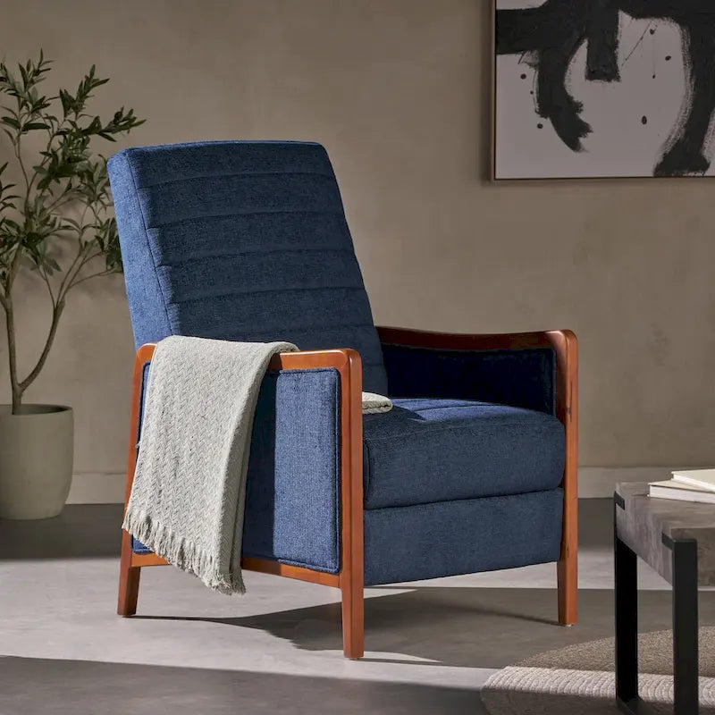 Fauteuil inclinable à dossier basculant en tissu à piqûres capitonnées avec cadre en bois massif, couleur sable bleu