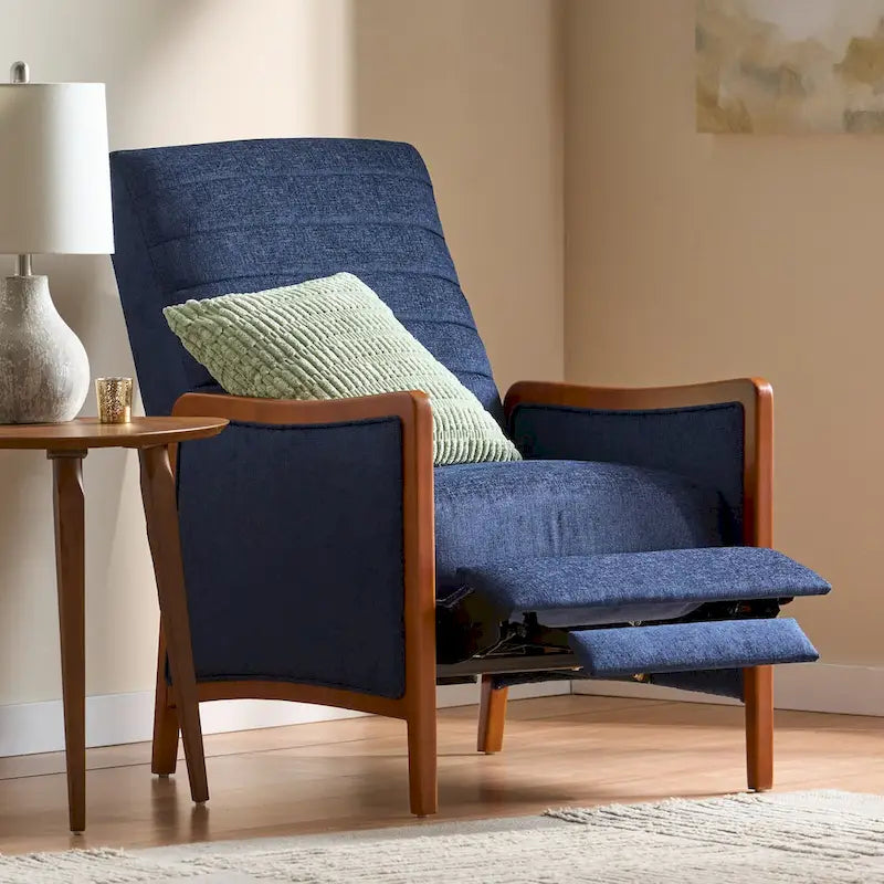 Fauteuil inclinable à dossier basculant en tissu à piqûres capitonnées avec cadre en bois massif, couleur sable bleu