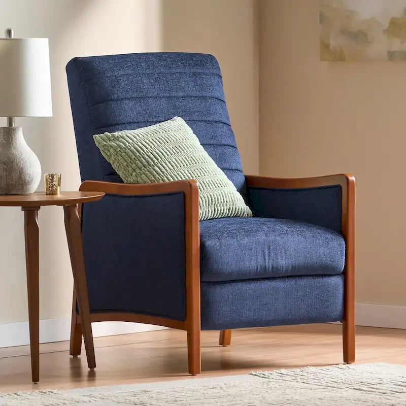 Fauteuil inclinable à dossier basculant en tissu à piqûres capitonnées avec cadre en bois massif, couleur sable bleu