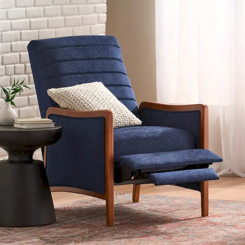Fauteuil inclinable à dossier basculant en tissu à piqûres capitonnées avec cadre en bois massif, couleur sable bleu