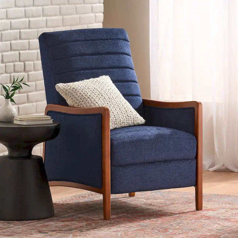 Fauteuil inclinable à dossier basculant en tissu à piqûres capitonnées avec cadre en bois massif, couleur sable bleu