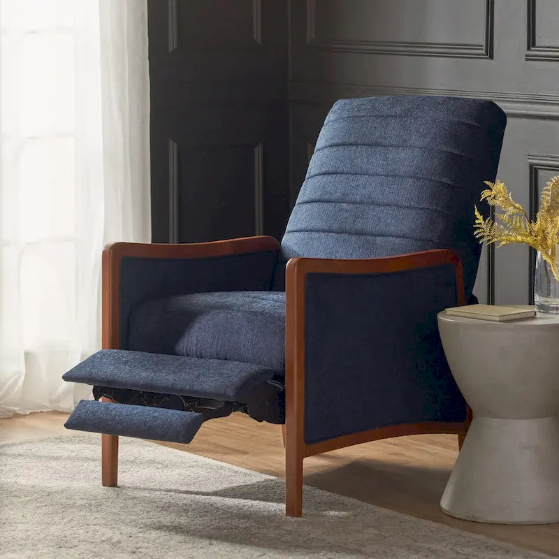 Fauteuil inclinable à dossier basculant en tissu à piqûres capitonnées avec cadre en bois massif, couleur sable bleu