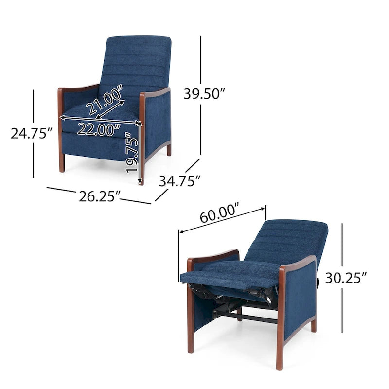 Fauteuil inclinable à dossier basculant en tissu à piqûres capitonnées avec cadre en bois massif, couleur sable bleu
