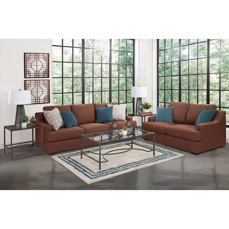 Causeuse transitionnelle en tissu marron avec oreillers décoratifs sarcelle