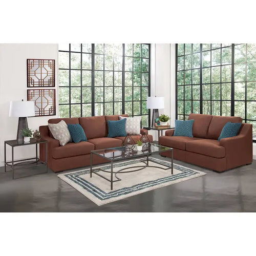 Causeuse transitionnelle en tissu marron avec oreillers décoratifs sarcelle