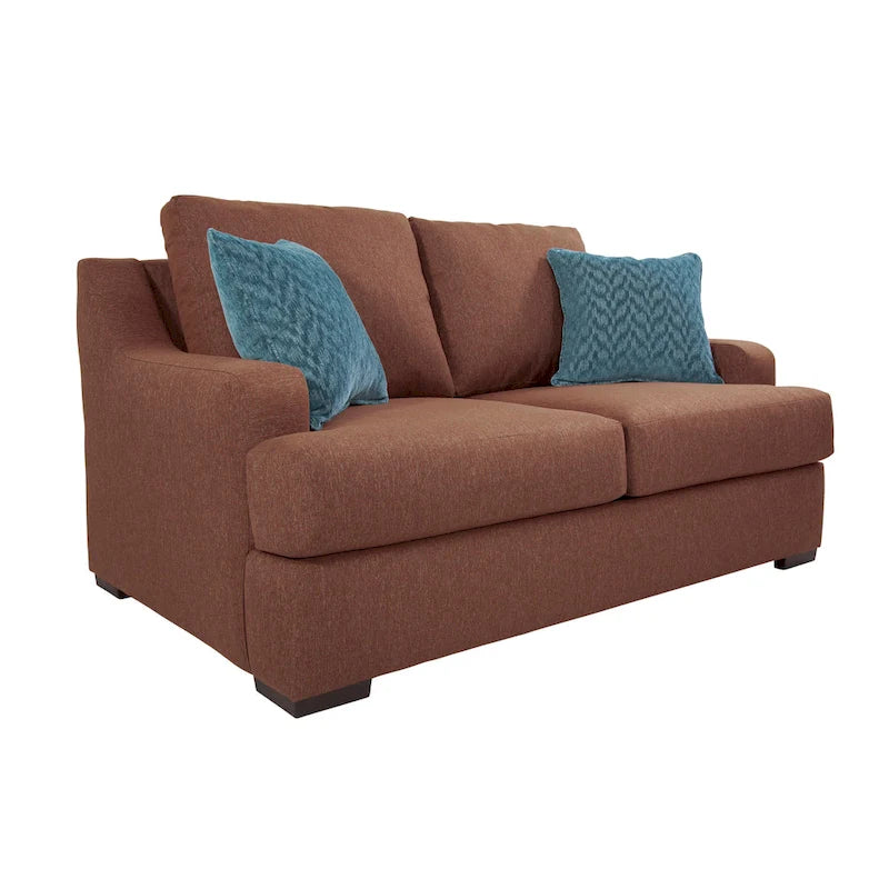 Causeuse transitionnelle en tissu marron avec oreillers décoratifs sarcelle