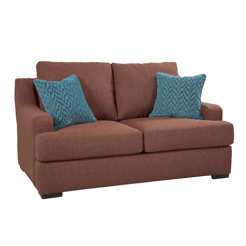 Causeuse transitionnelle en tissu marron avec oreillers décoratifs sarcelle