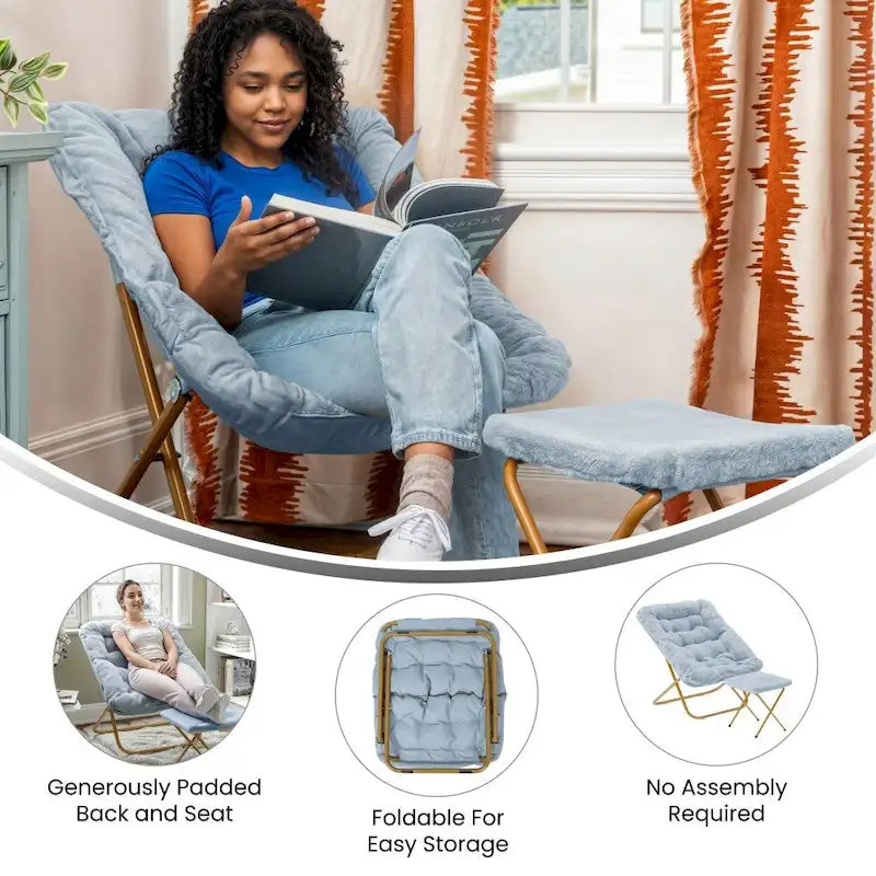 Fauteuil lune pliable extra large rembourré tissu doux matelassé cadre en acier