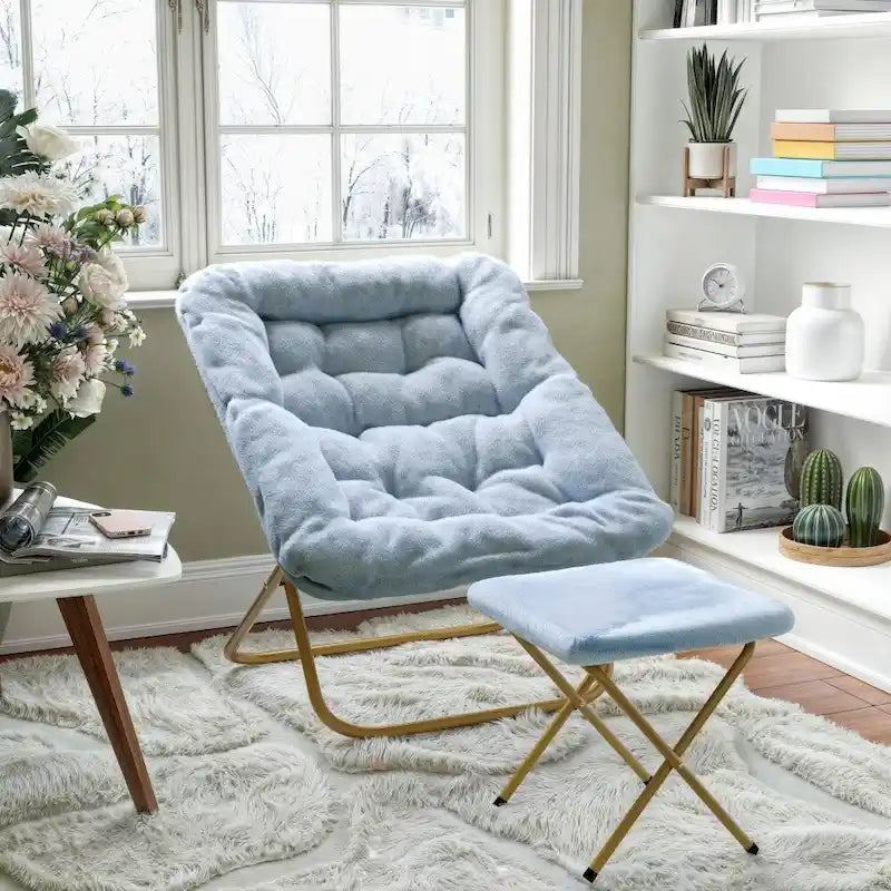 Fauteuil lune pliable extra large rembourré tissu doux matelassé cadre en acier