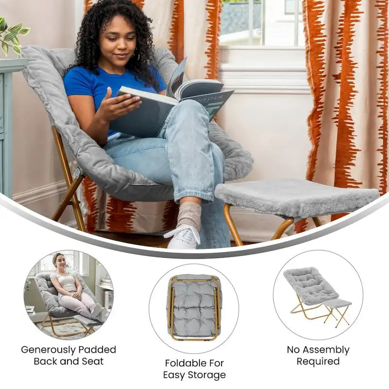 Fauteuil lune pliable extra large rembourré tissu doux matelassé cadre en acier