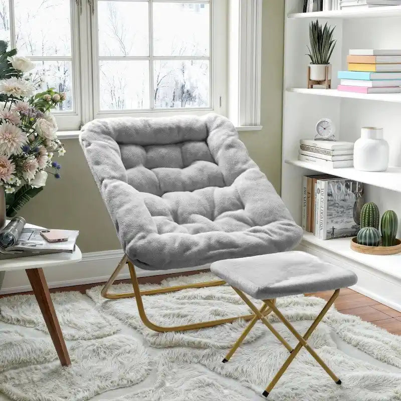 Fauteuil lune pliable extra large rembourré tissu doux matelassé cadre en acier
