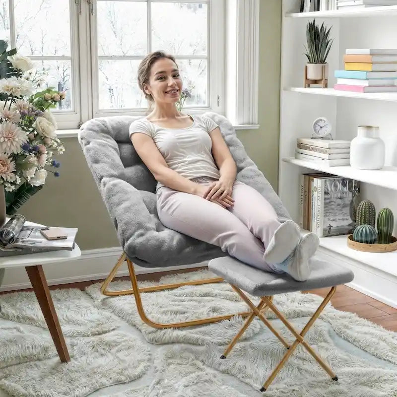 Fauteuil lune pliable extra large rembourré tissu doux matelassé cadre en acier