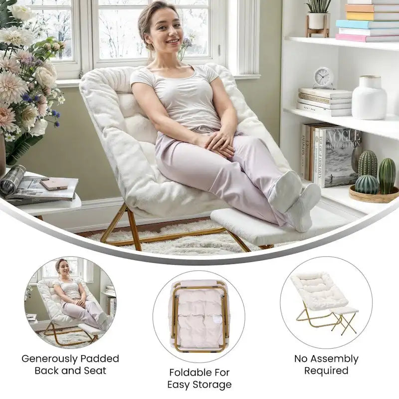 Fauteuil lune pliable extra large rembourré tissu doux matelassé cadre en acier