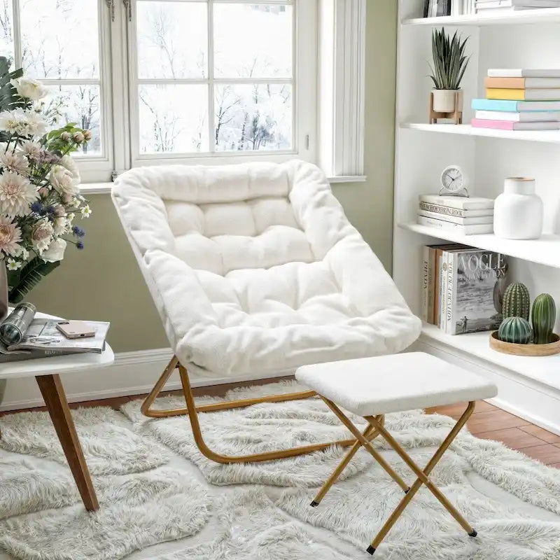 Fauteuil lune pliable extra large rembourré tissu doux matelassé cadre en acier
