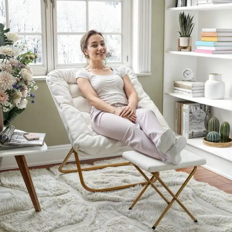 Fauteuil lune pliable extra large rembourré tissu doux matelassé cadre en acier