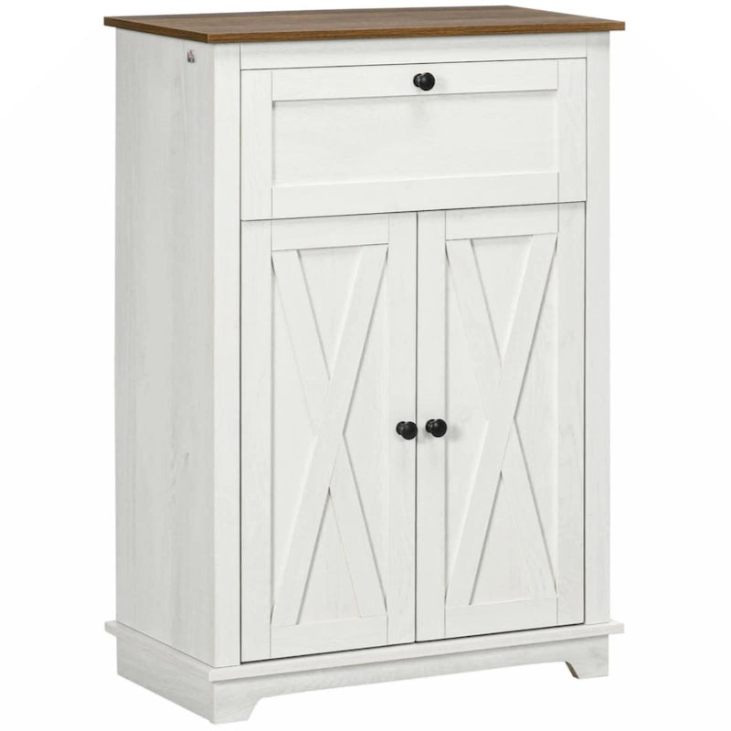 Armoire d'appoint blanche avec porte de grange, tiroir et double porte