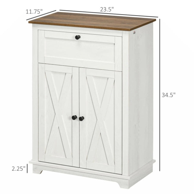 Armoire d'appoint blanche avec porte de grange, tiroir et double porte