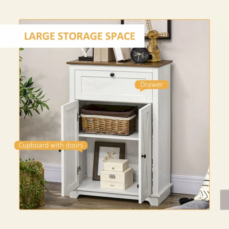 Armoire d'appoint blanche avec porte de grange, tiroir et double porte