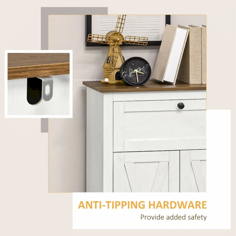 Armoire d'appoint blanche avec porte de grange, tiroir et double porte