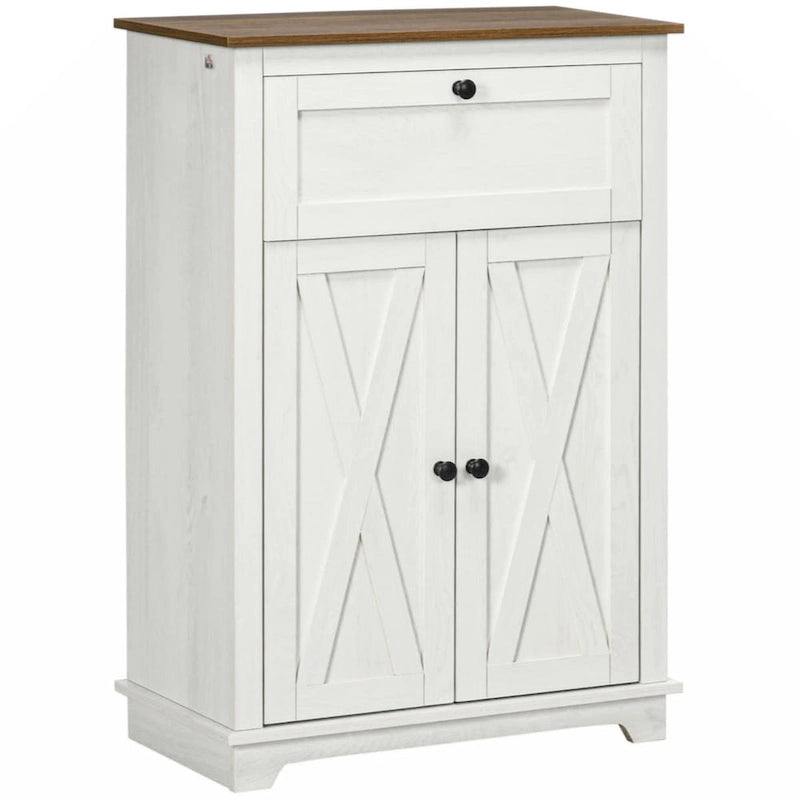 Armoire d'appoint blanche avec porte de grange, tiroir et double porte