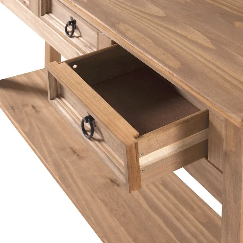 Console de couloir à trois tiroirs en pin massif avec plateau en bois brun miel