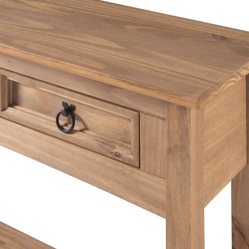 Console de couloir à trois tiroirs en pin massif avec plateau en bois brun miel