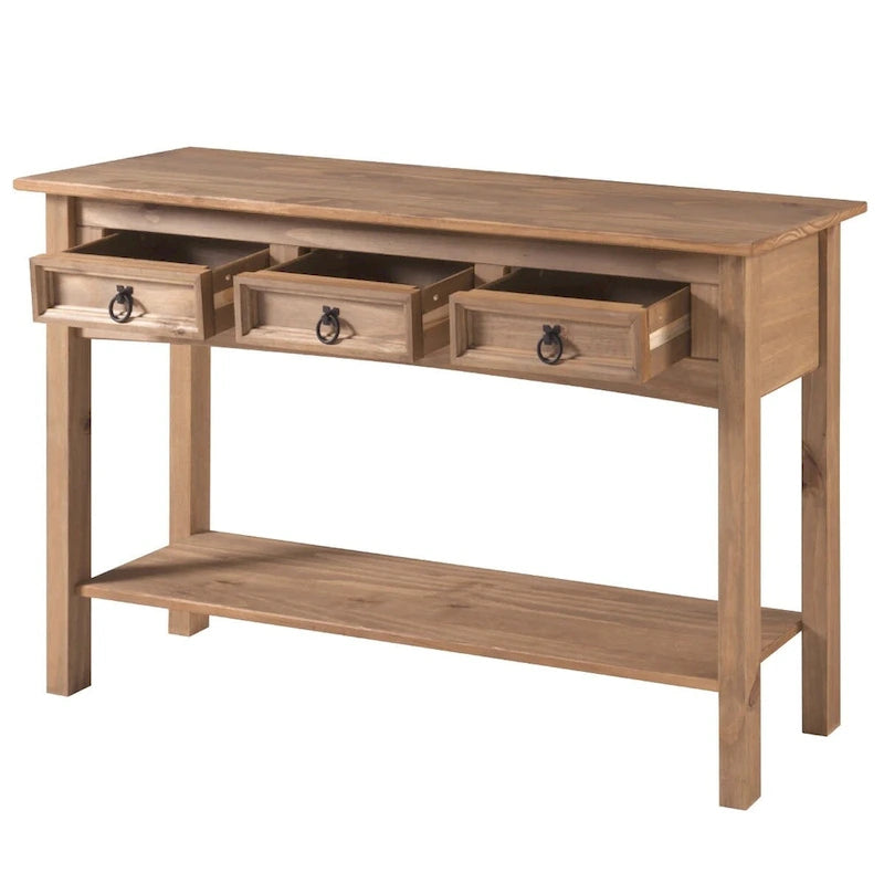 Console de couloir à trois tiroirs en pin massif avec plateau en bois brun miel