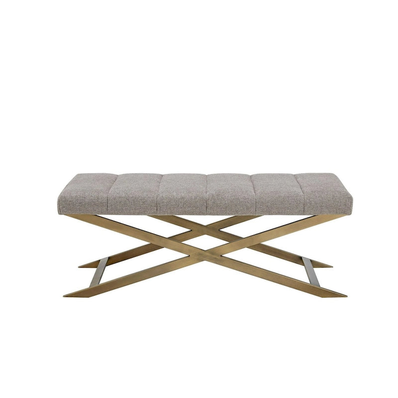 Banquette de salle à manger capitonnée en polyester gris avec pieds en X en laiton antique