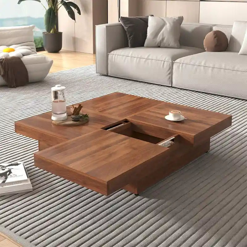 Table basse carrée à plateau coulissant Rangement dissimulé Noyer MDF blanc
