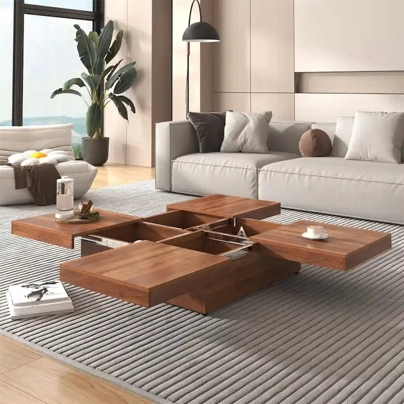 Table basse carrée à plateau coulissant Rangement dissimulé Noyer MDF blanc