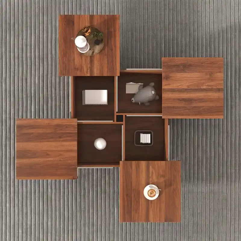 Table basse carrée à plateau coulissant Rangement dissimulé Noyer MDF blanc