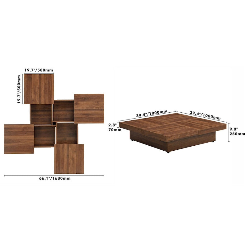 Table basse carrée à plateau coulissant Rangement dissimulé Noyer MDF blanc