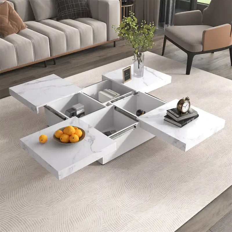 Table basse carrée à plateau coulissant Rangement dissimulé Noyer MDF blanc