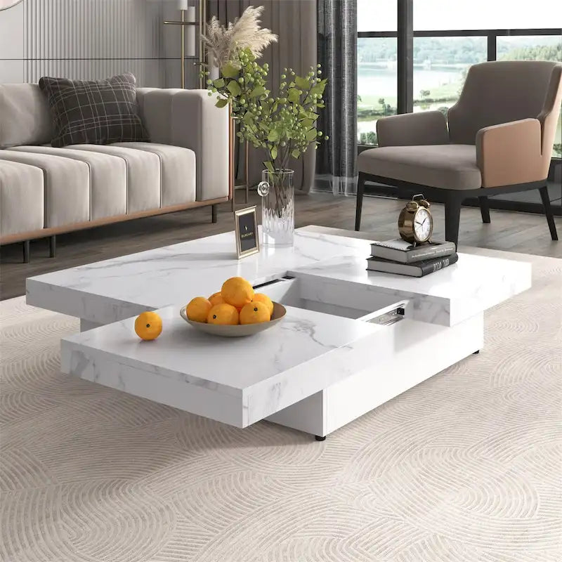 Table basse carrée à plateau coulissant Rangement dissimulé Noyer MDF blanc