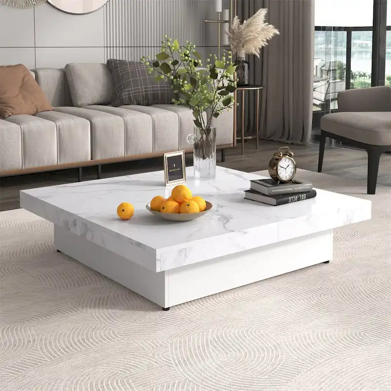 Table basse carrée à plateau coulissant Rangement dissimulé Noyer MDF blanc