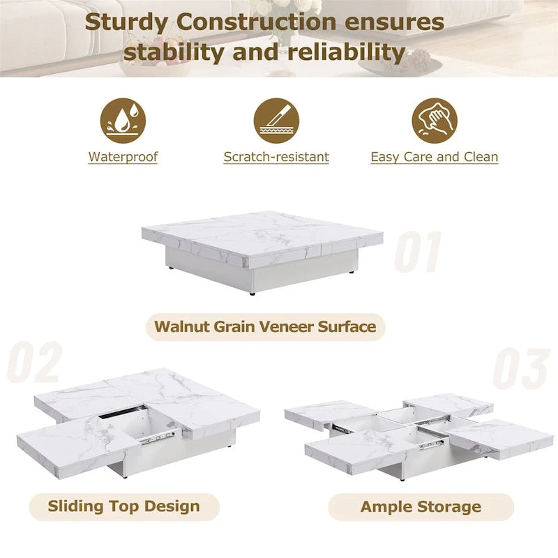Table basse carrée à plateau coulissant Rangement dissimulé Noyer MDF blanc