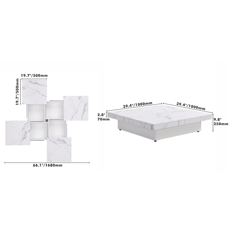 Table basse carrée à plateau coulissant Rangement dissimulé Noyer MDF blanc